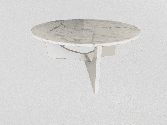 Een ronde, moderne salontafel met een wit marmeren blad en een uniek, kruisend wit onderstel, tegen een lichtgrijze achtergrond.