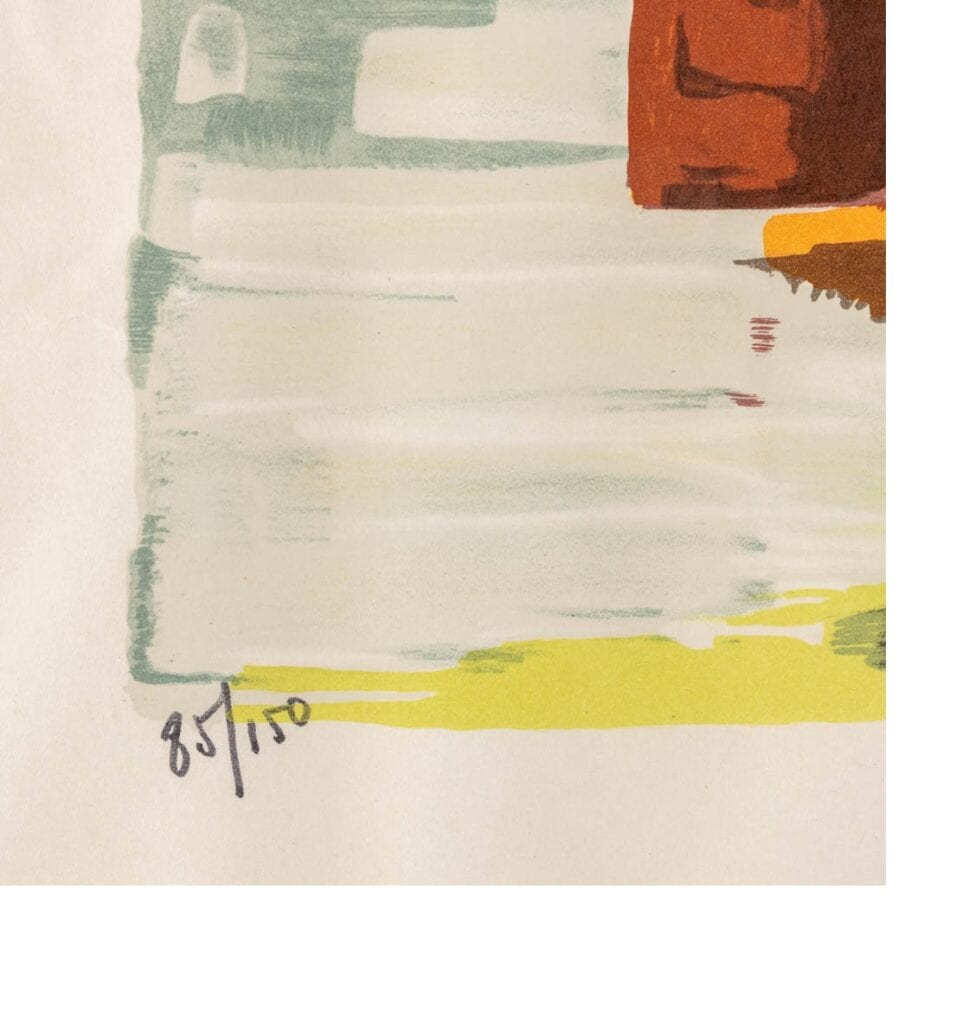 Een close-up van een abstract kunstwerk met groene, gele, witte en bruine penseelstreken. Linksonder staat met zwarte inkt handgeschreven 