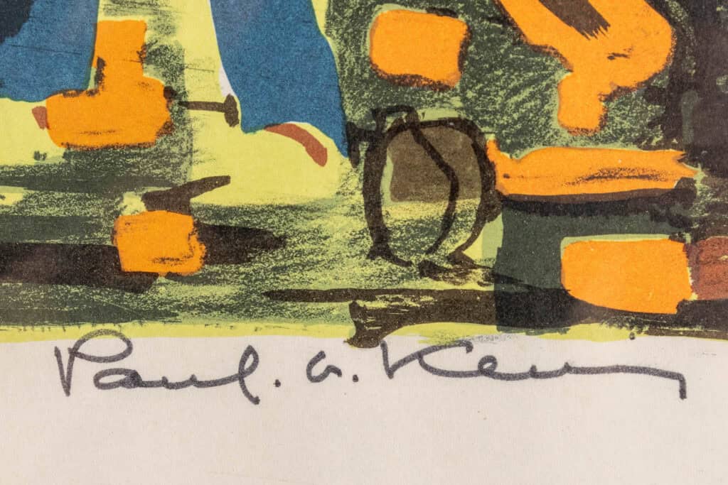 Een close-up van een abstract schilderij met oranje, groene en blauwe vormen en een handgeschreven handtekening 
