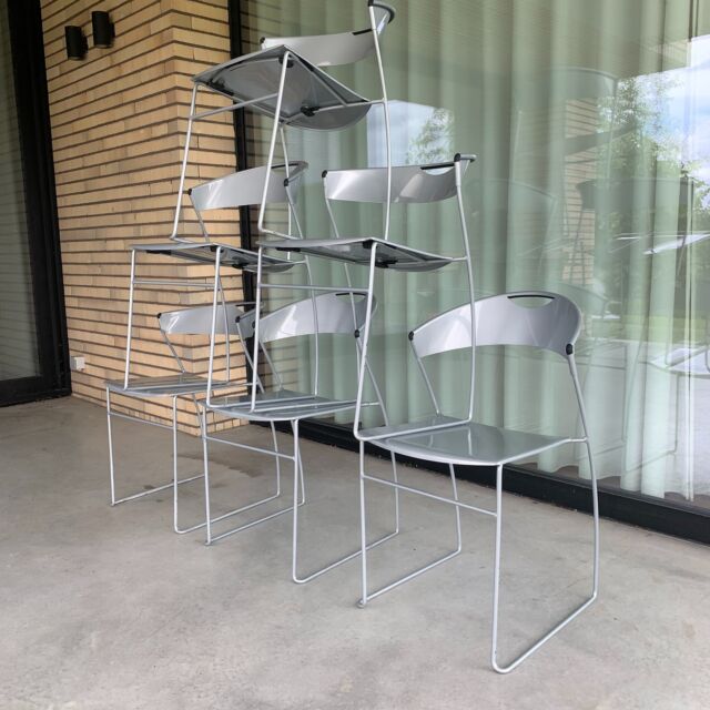 Juliette chairs by Hannes Wettstein for Cerruti Baleri
Set of 6 metal stackable chairs
 Will be on sale this weekend at our yearly stock sales this Sunday
45 cm wide, 50 cm deep and 76 cm high. Seat height 45 cm
Postmodern Italian design from the 80s
🟢 For sale
#vintagefurniture #design #iconicdesign #baleri #cerrutibaleri #HannesWettstein #HannesWettsteinstudio #Italy #Italiandesign #madeinitaly #vintagedesign #80s #metal #chair #chaise #stoel #forsale #stackablechair #juliettechair #postmodern #stocksales #interior #decor #homedecor #homeideasdecor #livingroomdecor #interiordesign #interiorstyling #vintageinteriorstyling #sustainabledesign